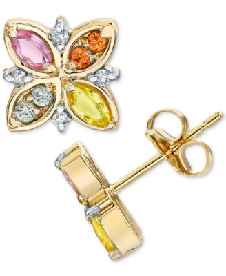Macy's - Multi-Sapphire (3/4 ct. t.w.) & Diamond (1/20 ct. t.w.) Flower Stud Earrings in 14k Gold