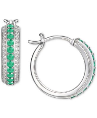 Macy's - Emerald (1/2 ct. t.w.) & Diamond (1/4 ct. t.w.) Small Hoop Earrings in Sterling Silver, 0.67" (Also in Ruby & Sapphire)
