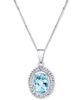 Macy's - Aquamarine (1-1/10 ct. t.w.) & Diamond (1/3 ct. t.w.) Baguette Halo 18" Pendant Necklace in 14k White Gold
