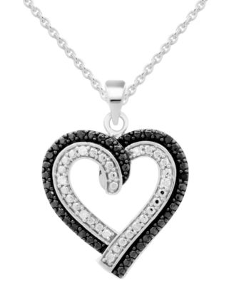 Macy's - Black & White Diamond Heart 18" Pendant Necklace (1/6 ct. t.w.) in Sterling Silver