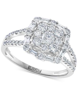 EFFY Collection - Diamond Round & Baguette Halo Cluster Engagement Ring (1-1/20 ct. t.w.) in 14k White Gold