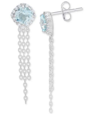 Macy's - Blue Topaz (1-1/4 ct. t.w.) & Lab Created White Sapphire (1/6 ct. t.w.) Cushion Halo Chain Drop Earrings in Sterling Silver