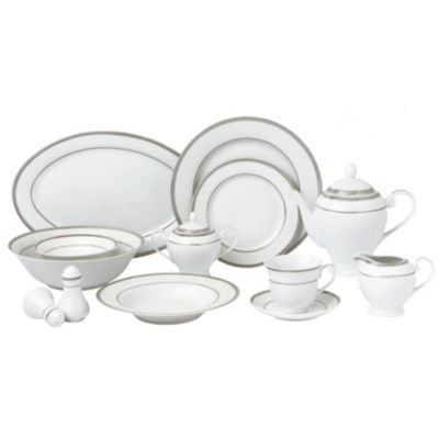 Lorren Home Trends - 57 Piece Silver Border Porcelain Dinnerware Set-Service for 8-Ashley