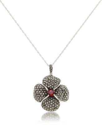 Macy's - Marcasite and Garnet (9/10 ct.t .w.)  Pave Flower Pendant+18" Chain in Sterling Silver
