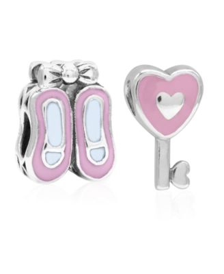 Rhona Sutton - Children's Enamel Ballet Slippers Heart Key Bead Charms - Set of 2 in Sterling Silver