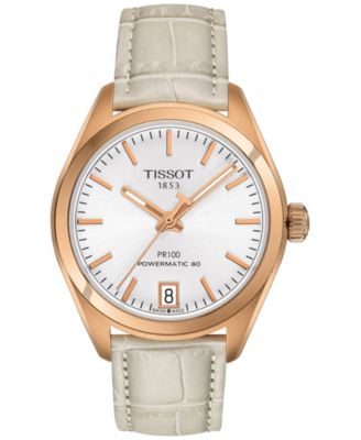 Tissot - Women's Swiss Automatic PR 100 Cream Leather Strap Watch 33mm