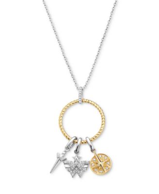 Macy's - Diamond Triple Charm Ring 18" Pendant Necklace (1/8 ct. t.w.) in Sterling Silver & 10k Gold