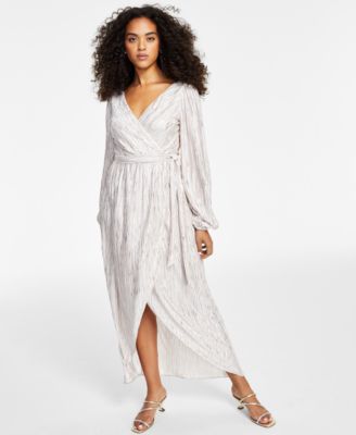 GUESS - Metallic-Striped Faux-Wrap Maxi Dress