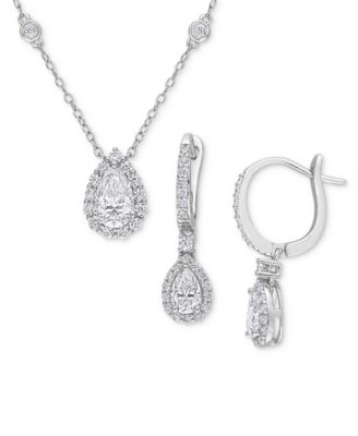 Macy's - 2-Pc. Set Moissanite Pear Halo Pendant Necklace and Drop Earrings (2-7/8 ct. t.w.) in Sterling Silver