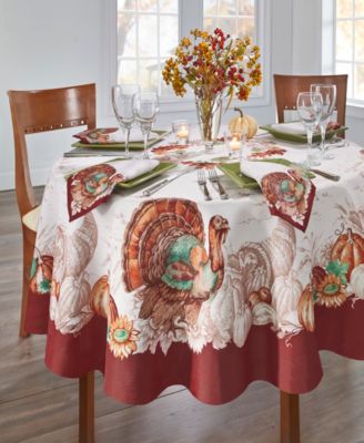 Elrene - Holiday Turkey Bordered Fall Tablecloth, 70" Round