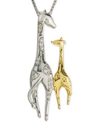 Macy's - Diamond Giraffe Mother & Child 18" Pendant Necklace (1/10 ct. t.w.) in Sterling Silver & 10k Gold