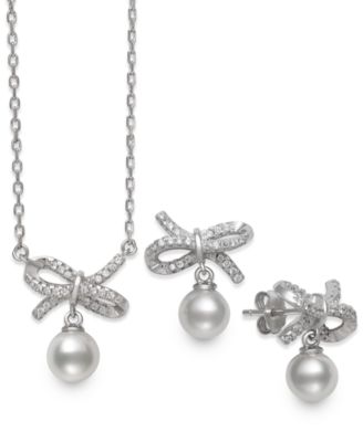 Belle de Mer - 2-Pc. Set Cultured Freshwater Pearl (6mm) & Cubic Zirconia Ribbon Pendant Necklace & Matching Drop Earrings in Sterling Silver