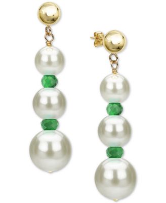 Macy's - Cultured Freshwater Pearl (5-9mm) & Emerald (1-3/8 ct. t.w.) Graduated Drop Earrings in 14k Gold (Also in Ruby & Sapphire)