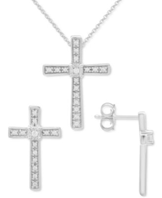 Macy's - 2-Pc. Set Diamond Cross Pendant Necklace & Matching Stud Earrings (1/6 ct. t.w.) in Sterling Silver