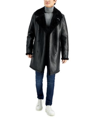 GUESS - Men's Long Pleather Double Breasted Coat with Faux Shearling Cuff and Collar