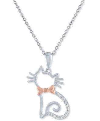Macy's - Diamond Accent Cat with Bowtie Pendant Necklace in Sterling Silver & 14k Rose Gold-Plate, 16" + 2" extender