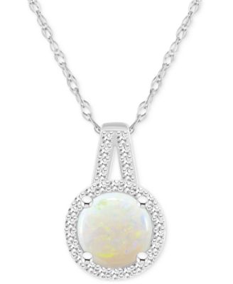 Macy's - Opal (3/4 ct. t.w.) & Diamond (1/6 ct. t.w.) Halo 18" Pendant Necklace in Sterling Silver