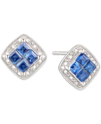 Macy's - Sapphire (5/8 ct. t.w.) & Diamond (1/20 ct. t.w.) Square Stud Earrings in Sterling Silver