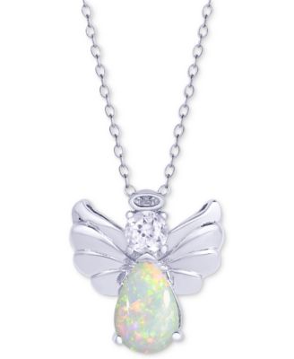 Macy's - Simulated Opal & Cubic Zirconia Angel Wing 18" Pendant Necklace in Sterling Silver