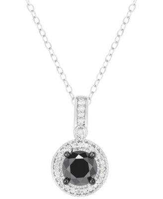 Macy's - Black Diamond (7/8 ct. t.w.) & White Diamond (1/10 ct. t.w.) Halo 18" Pendant Necklace in Sterling Silver