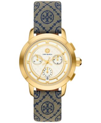 Tory Burch - Women's Chronograph The Tory Blue Fabric & Luggage Leather Strap Watch 37mm