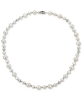 Macy's - Cultured Freshwater Pearl (5-6mm & 8-9mm) & Crystal 18" Collar Necklace in Sterling Silver