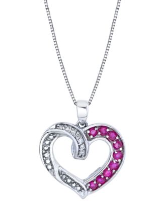 Macy's - Ruby (3/4 ct. t.w.) & Diamond (1/20 ct. t.w.) Open Heart 18" Pendant Necklace in Sterling Silver