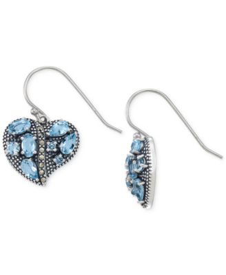 Macy's - Blue Topaz (2-1/2 ct. t.w.) & Marcasite Heart Drop Earrings in Sterling Silver