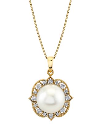 Macy's - Cultured Freshwater Pearl (11mm) & Diamond (1/6 ct. t.w.) 18" Pendant Necklace in 10k Gold