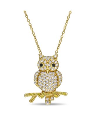 Macy's - Created White and Yellow Sapphire (1 1/3 ct. t.w.) Black Spinel Accent Owl Necklace in 18k Gold Over Sterling Silver