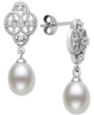 Belle de Mer - Cultured Freshwater Pearl (7-8mm) & Lab-Created White Sapphire (1/6 ct. t.w.) Drop Earrings in Sterling Silver