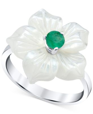 Macy's - Mother-of-Pearl (18mm) & Emerald (1/3 ct. t.w.) Flower Statement Ring in Sterling Silver