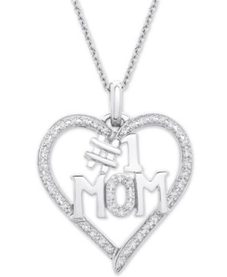 Macy's - Diamond #1 Mom Heart Pendant Necklace (1/6 ct. t.w.) in Sterling Silver, 18" + 2" extender