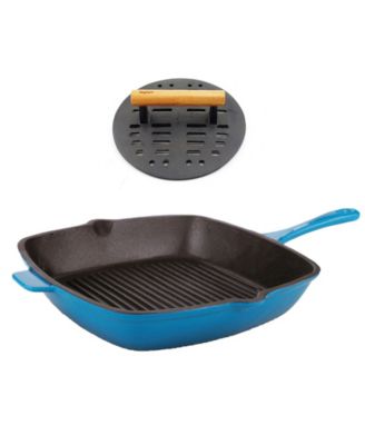 BergHOFF - Neo 2Pc Cast Iron Set: 11" Grill Pan & with Slotted Steak Press, Blue