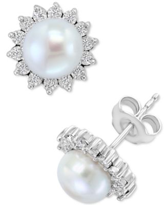EFFY Collection - Cultured Freshwater Pearl (7mm) & Diamond (1/10 ct. t.w.) Stud Earrings in Sterling Silver