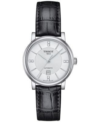 Tissot - Women's Swiss Automatic Carson Premium Lady Diamond Accent Black Leather Strap Watch 30mm