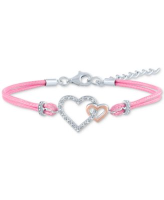 Macy's - Diamond Accent Double Heart Pink Cord Bracelet in Sterling Silver & 14k Rose Gold-Plate