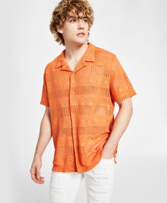 GUESS - Men's Short-Sleeve Geometric Crochet-Knit Shirt