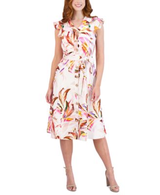 Donna Ricco - Women's Printed Flutter-Sleeve Fit & Flare Dress