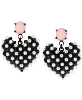 Betsey Johnson - Black-Tone Faux Pearl Heart Earrings