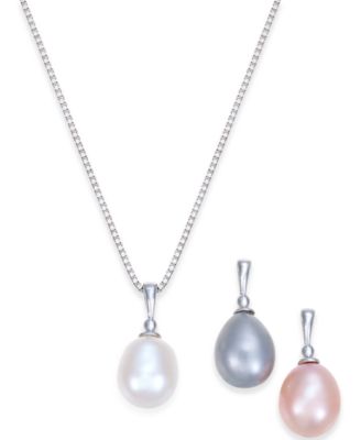 Macy's - Cultured Freshwater Pearl (7-1/2-8mm) 3-Piece Interchangeable Pendant Set in Sterling Silver