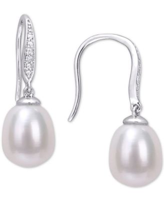 Macy's - Cultured Freshwater Pearl (8-1/2mm) & Diamond Accent Drop Earrings in Sterling Silver