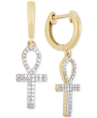 Macy's - Men's Diamond Ankh Cross Dangle Hoop Earrings (1/6 ct. t.w.) in 10k Gold