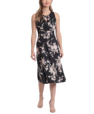 London Times - Petite Pleated Keyhole Floral-Print Midi Dress