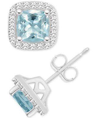 Macy's - Aquamarine (1 ct. t.w.) & Diamond (1/5 ct. t.w.) Cushion Halo Stud Earrings in Sterling Silver