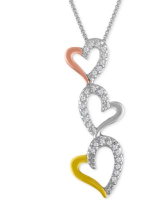 Macy's - Diamond Tri-Color Triple Heart Pendant Necklace (1/10 ct. t.w.)