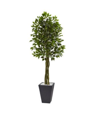 Nearly Natural - 6.5' Ficus UV-Resistant Indoor/Outdoor Artificial Tree in Slate-Tone Clay Planter