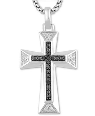 Macy's - Men's Black & White Diamond Cross 22" Pendant Necklace (1/5 ct. t.w.) in Sterling Silver