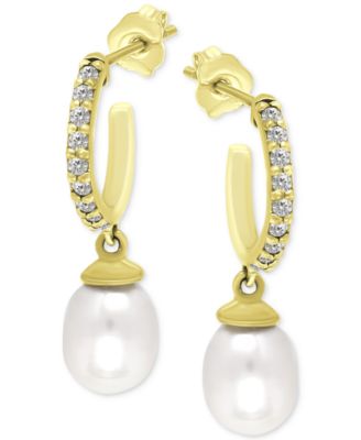 Giani Bernini - Freshwater Pearl (8 x 6mm) & Cubic Zirconia Dangle Hoop Earrings, Created for Macy's