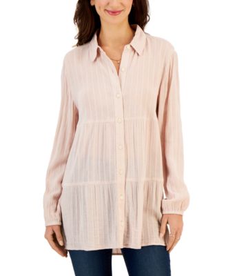 Style & Co - Petite Tiered Button-Front Long-Sleeve Shirt